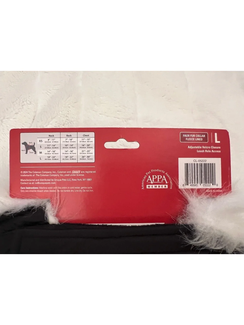NEW Coleman Large Pet Puffer Black Jacket  Faux Collar Adjustable